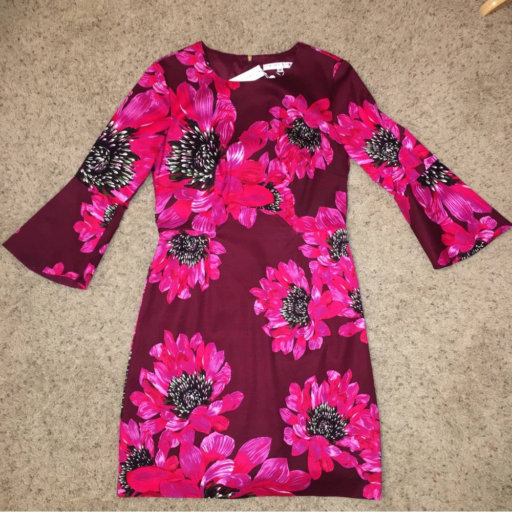 TRINA TURK Dress SHEATH Bell Sleeves FLORAL Burgundy/Pink/Red - Sz 6 New! USA